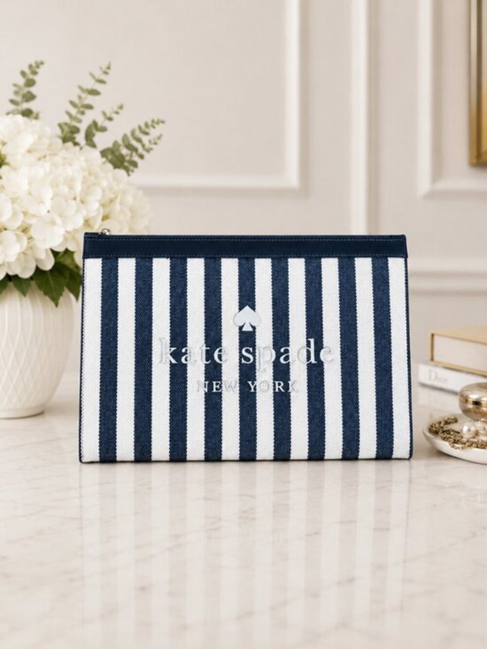 Kate Spade Blue White Stripe Canvas Zip Pouch Leather Trim NWT